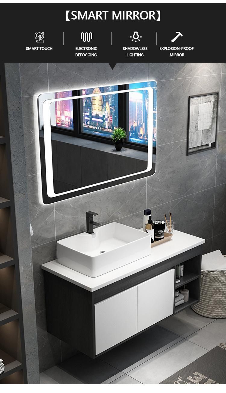 European Wall Mounted Sliding Hanging WPC Vanity Bathroom Cabinet Mirror Cabinet with Light