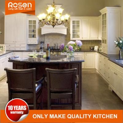 High Quality Exquisite White Solid Wood Kitchen Cabinet with Black Quartz Countertop