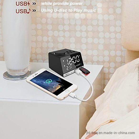 2019 Fashion Desk and Table Clock with Blue Tooth 4.2 Built in and Dual Alarm FM Radio Speaker Dual USB Charging Week and Temperature Display