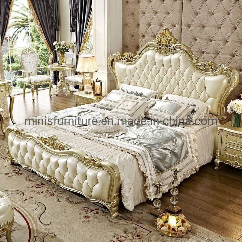 (MN-MB105) Home Furniture European Style Bedroom Luxury Leather Wooden Bed