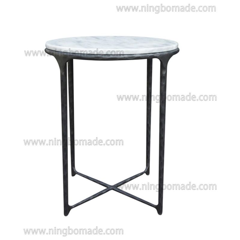 Thaddeus Sculptural Forged Collection Cloud Marble Top Antique Black Solid Forged Metal Base Corner Table