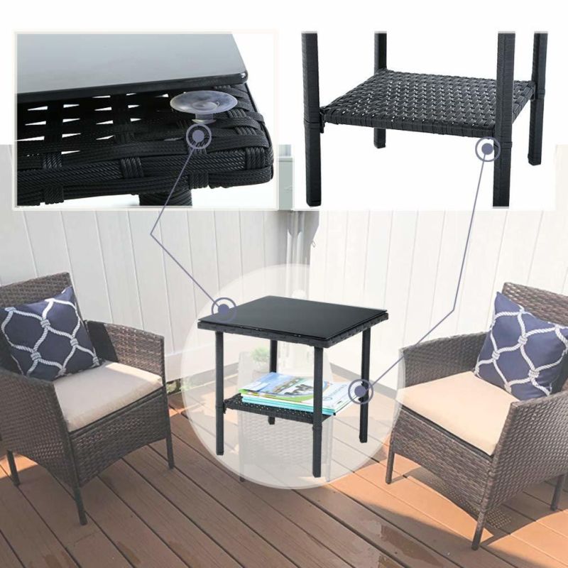 Outdoor Furniture Patio Sofa Set Wicker Rattan Sectional 3PCS Garden Conversation Set with Cushion and Tempered Glass Tabletop for Yard