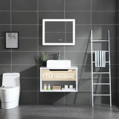 European Style Oak Wood Bathroom Furniture Handless Design LED Mirror Bathroom Cabinets Vanity