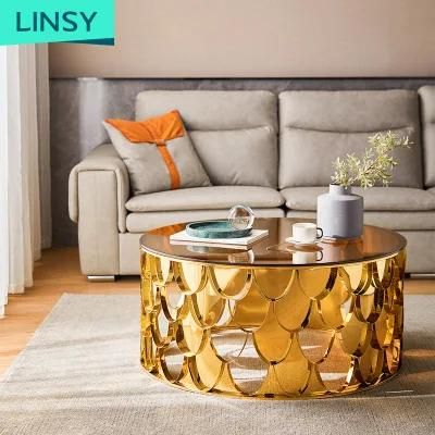 Linsy Modern Round Glass Top Centre Tables Living Room Luxury European Designer Golden Italian coffee Table Yp1462