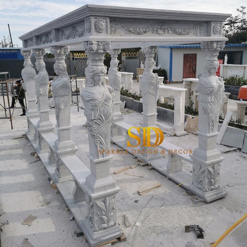 Rectangle Shape European Hand Carved White Marble Gazebo for Sale Large Marble Carving Pavillion for Garden Decortion