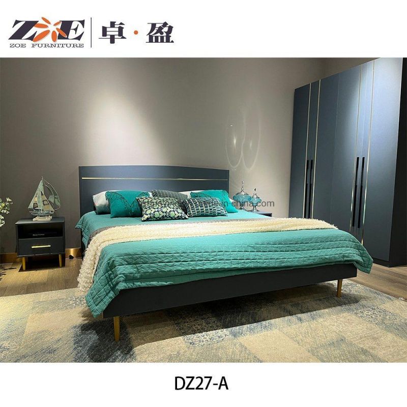 Modern Design Light Luxury MDF King Size Bed Home Bedroom Furniture Sets with Gold Metal Decoration