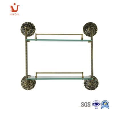 European Wall Mounted Bathroom Storage Glass Shelf Double Tier Brass Antique Type