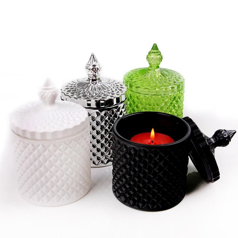 Fashion Spray Technology Outside Glass Candle Holder Electroplating with Machine Carved Glass Candle Jar