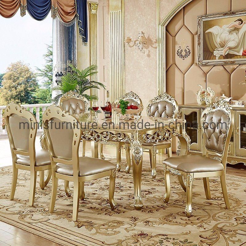 (M-CDT621) European Royal Style Golden Wood Marble Round Dining Table