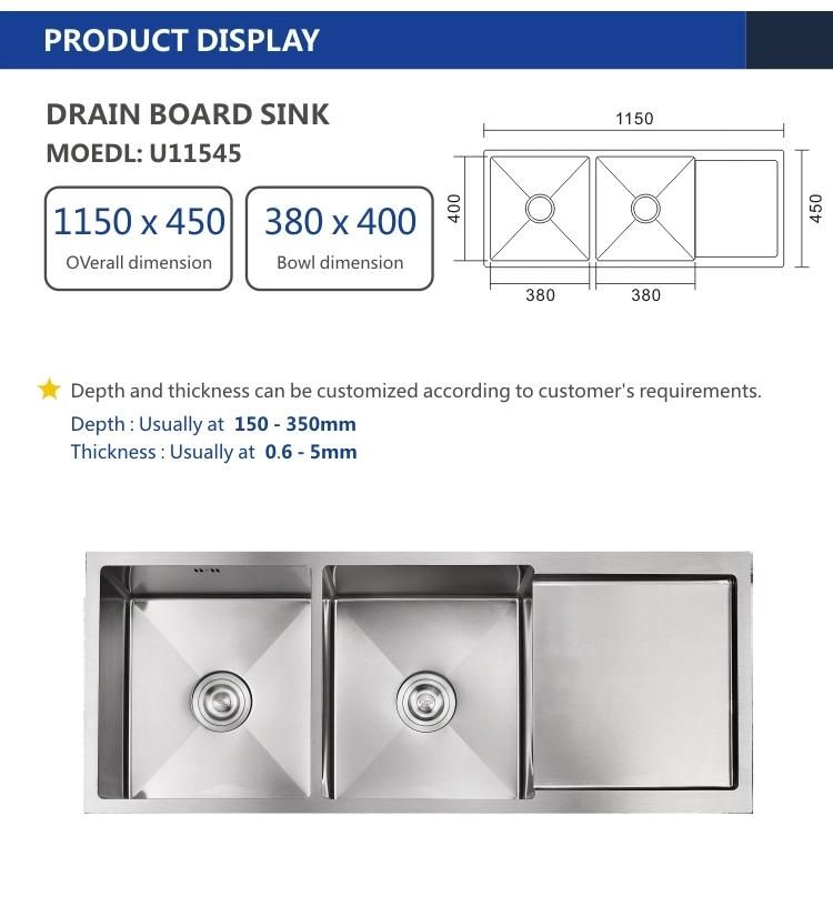 European Hot Sale Stainless Steel Double Bowl Stainless Steel Kitchen Sink with Drain Board