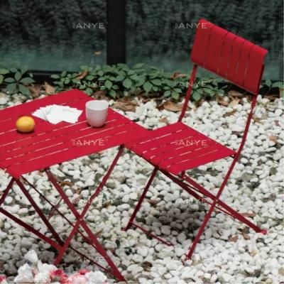 Durable Metal Slats Design Backyard Furniture Set Red Foldable Square Table Outdoor Folding Chair